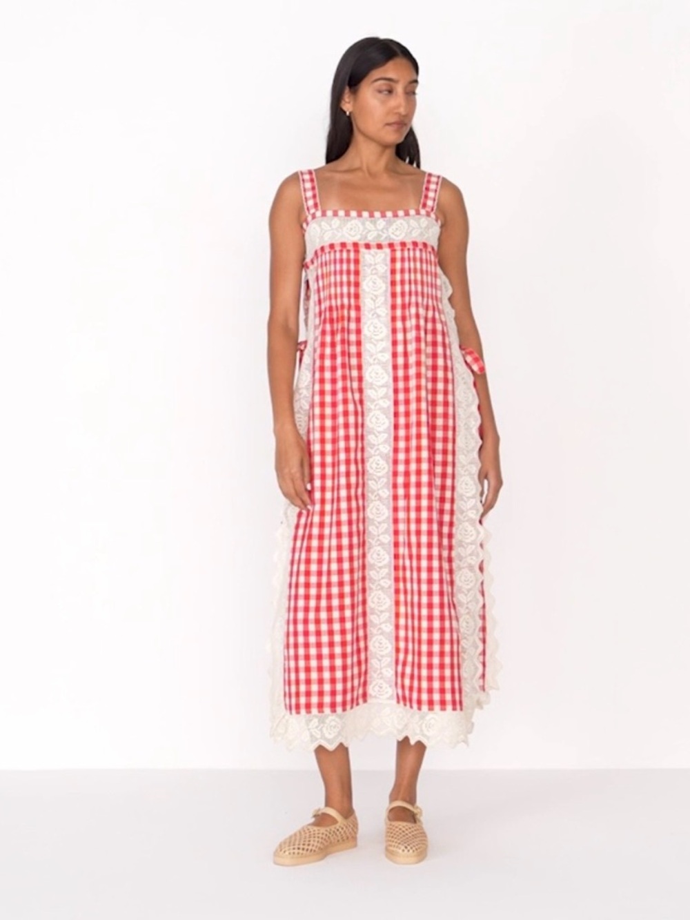 NWT Loeffler Randall Poppy Gingham Lace-Trim Midi Dress - Picture 2 of 7